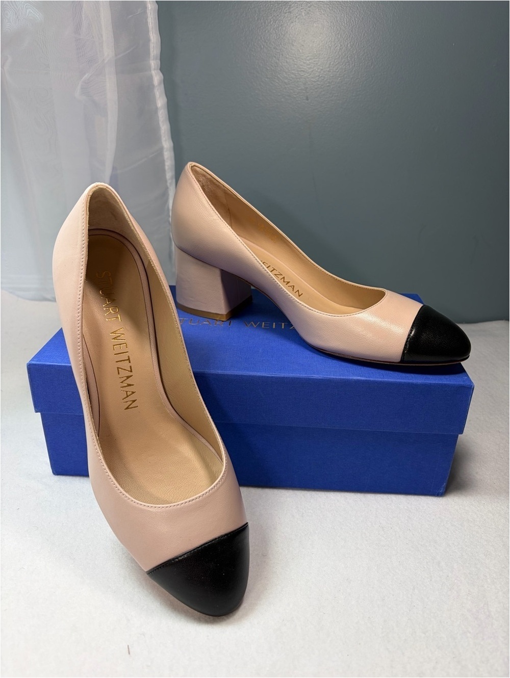 8.5 B Stuart Weitzman Dolce Pink & Black Cap-Toe Block Heel Pumps Flareblock 60